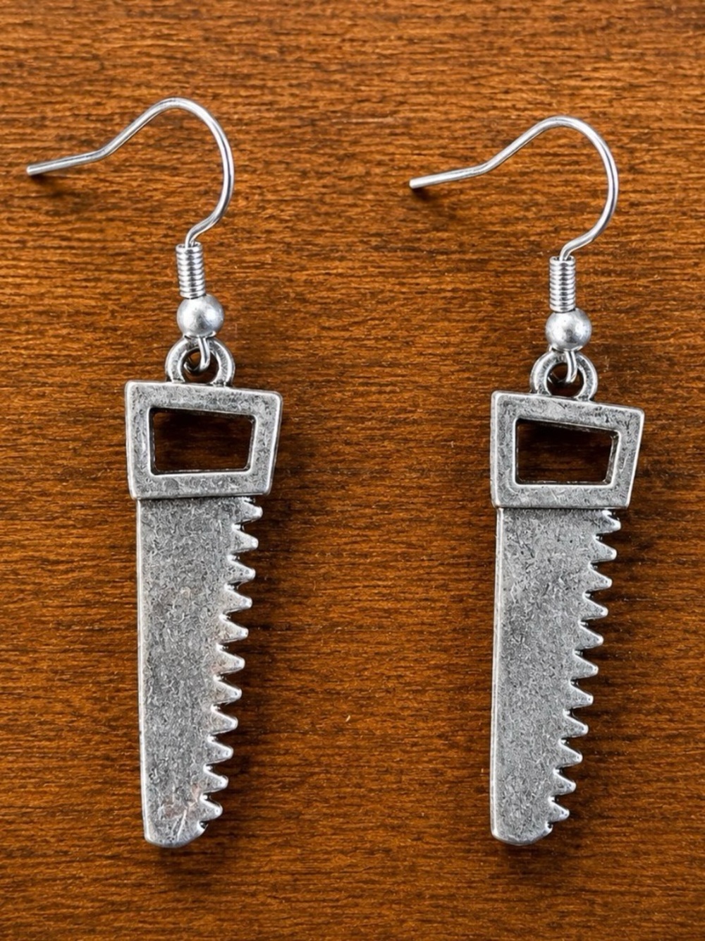 Silver Tone Mini Hand Saw Dangle Earrings | Handmade Tool Statement Jewelry